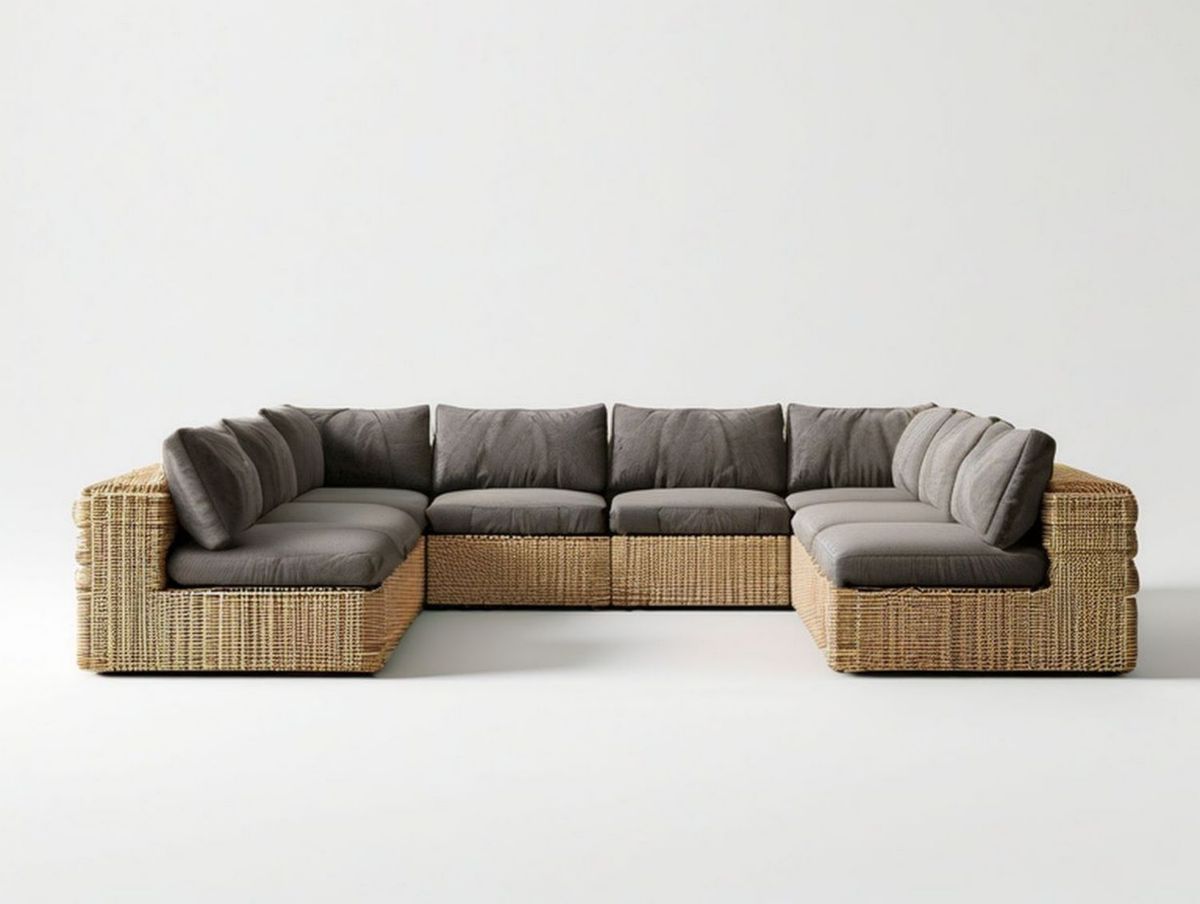 5-teiliges Loungeset in U-Form, 330 x 200 cm, Naturbeige/Grau, PE-Rattan mit Polyesterpolstern