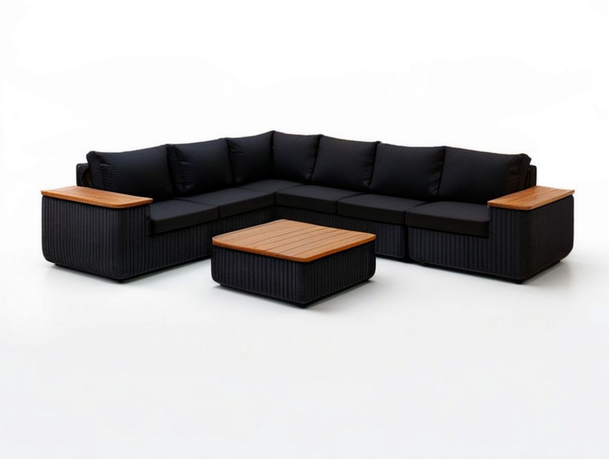 Gartenlounge-Ecksofa-Set für 6 Personen mit Couchtisch, 250 × 250 × 70 cm, Schwarz/Naturbraun