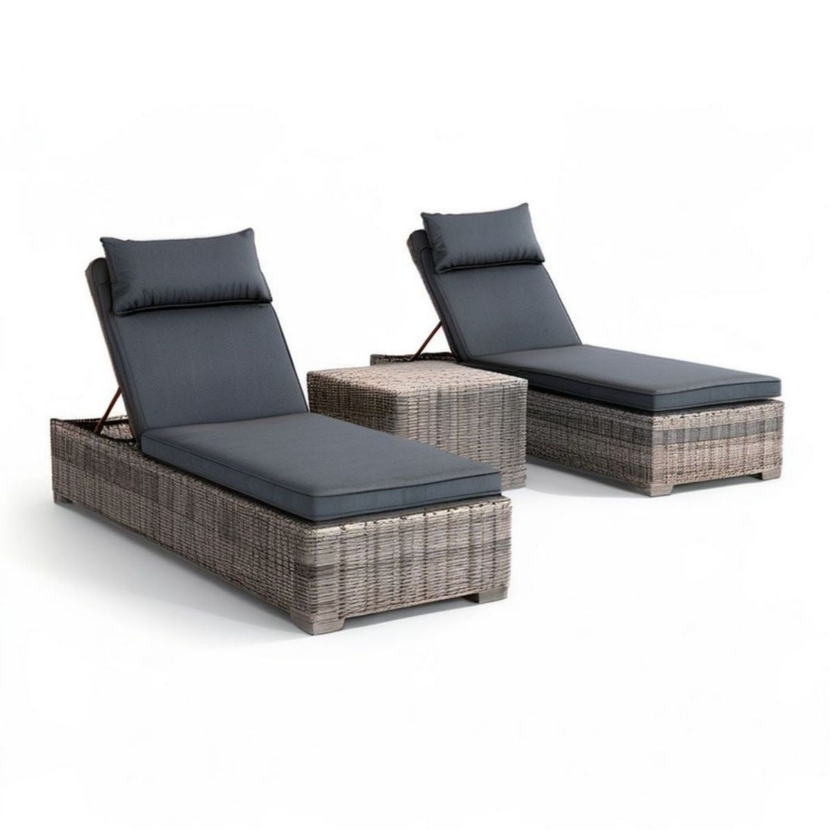 2er-Set verstellbare Gartenliegen mit Beistelltisch, 195 × 65 × 30 cm, Grau/Anthrazit