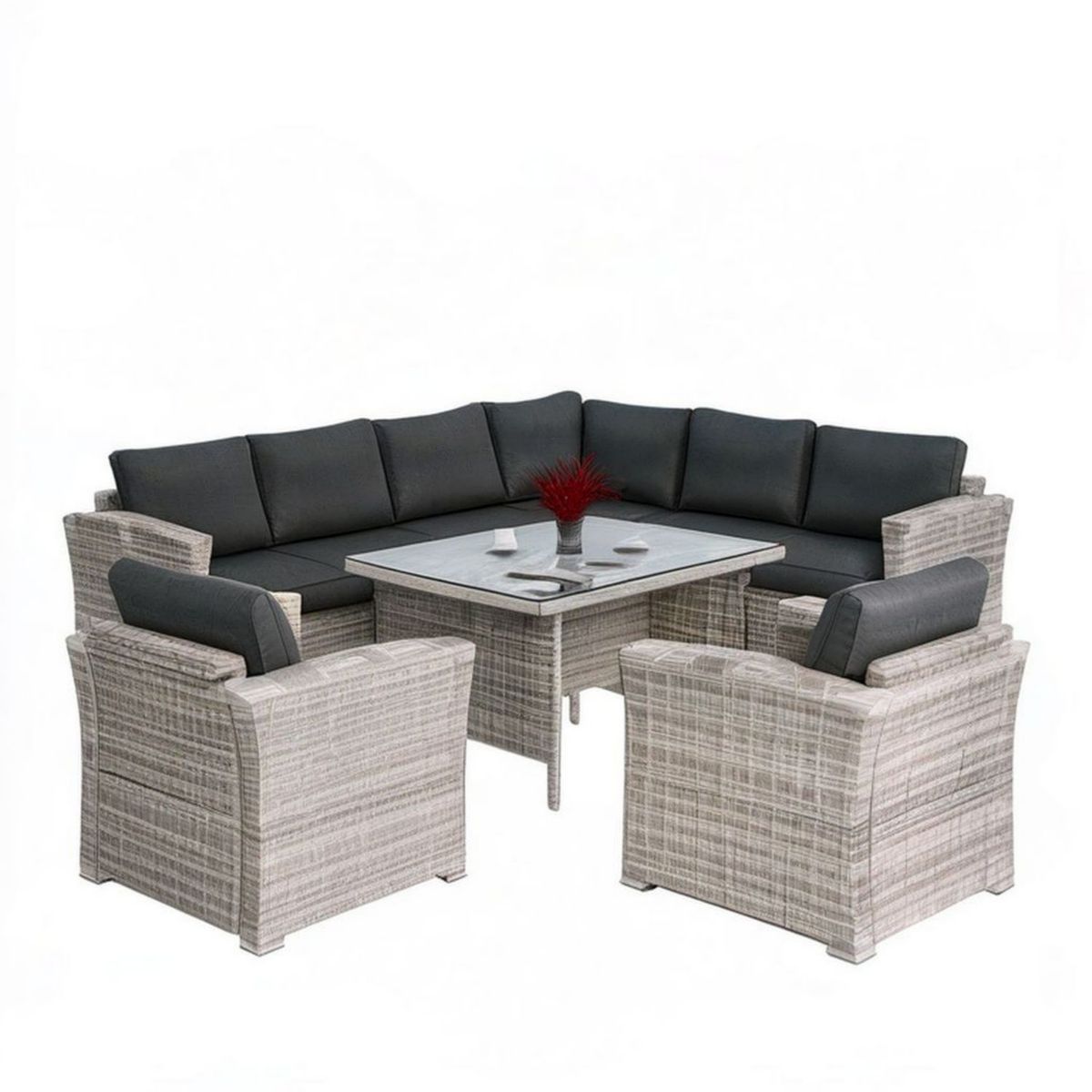 Gartenlounge U-Form 270 x 210 x 75 cm Grau-Beige mit anthrazitfarbenen Kissen und Glastisch