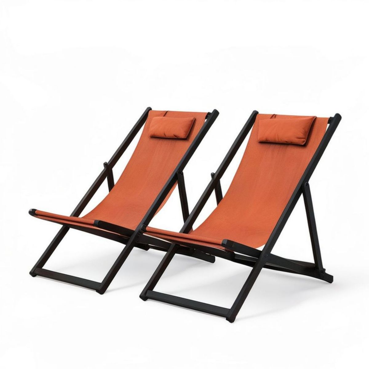 2er-Set klappbare Gartenliegen mit Kopfkissen, 58 x 98 x 88 cm, Orange/Schwarz, Stahl und Polyester