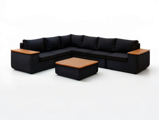 Gartenlounge-Ecksofa-Set für 6 Personen mit Couchtisch, 250 × 250 × 70 cm, Schwarz/Naturbraun