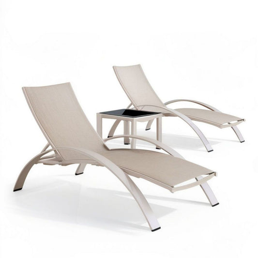 2er-Set verstellbare Gartenliegen mit Beistelltisch, 195 x 65 x 90 cm, Beige/Schwarz