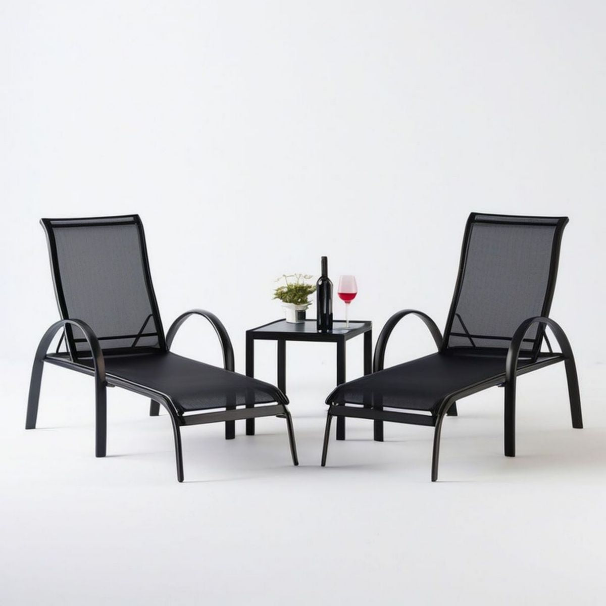 3-teiliges Set mit 2 Gartenliegen und Beistelltisch, Schwarz, 159 x 60 x 82 cm