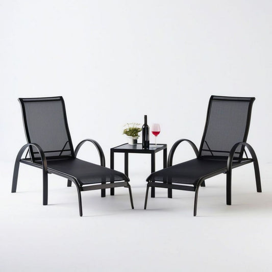 3-teiliges Set mit 2 Gartenliegen und Beistelltisch, Schwarz, 159 x 60 x 82 cm