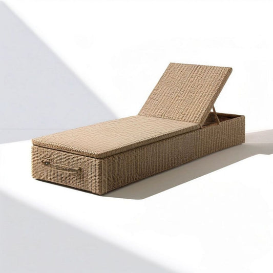 Gartenliege Natur aus PE-Rattan und Stahl mit verstellbarer Rückenlehne und Stauraum, 200 x 65 x 34 cm